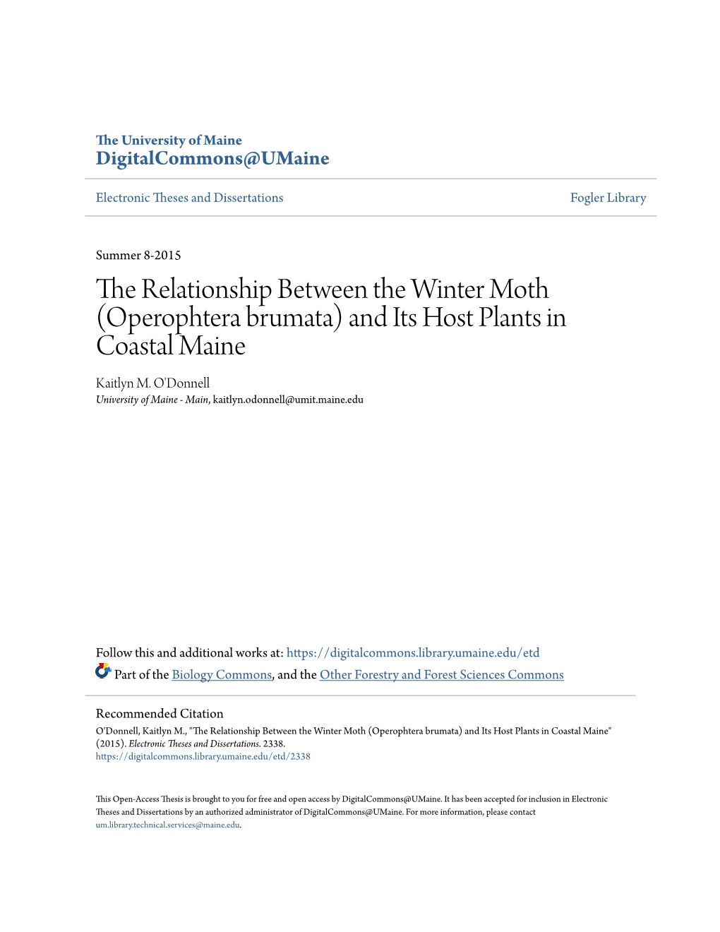 The Relationship Between the Winter Moth (Operophtera Brumata) and Its Host Plants in Coastal Maine Kaitlyn M