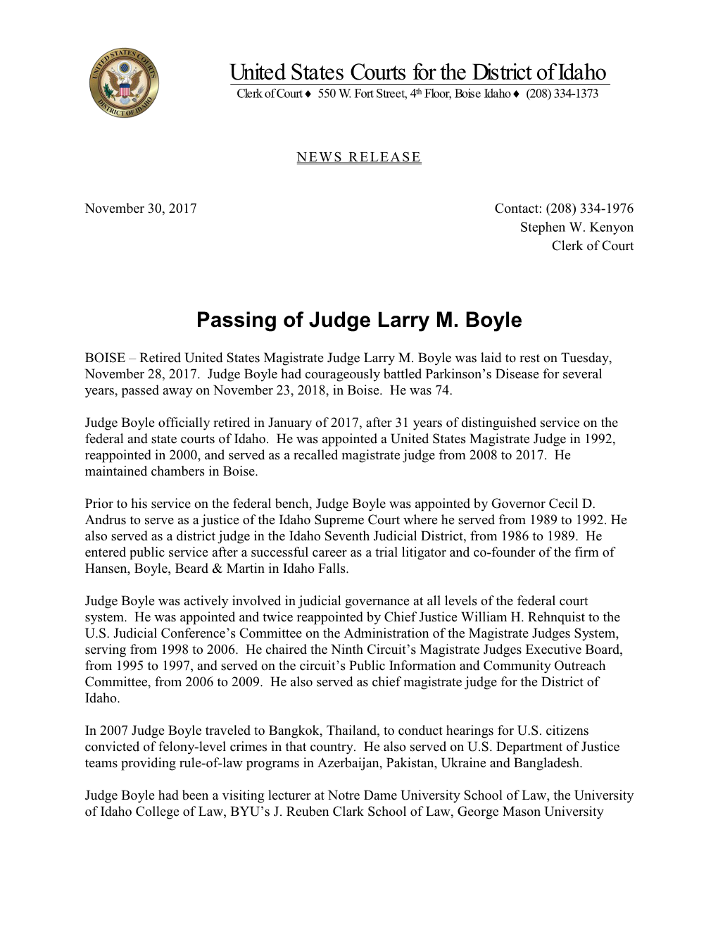 Passing of the Honorable Larry M. Boyle