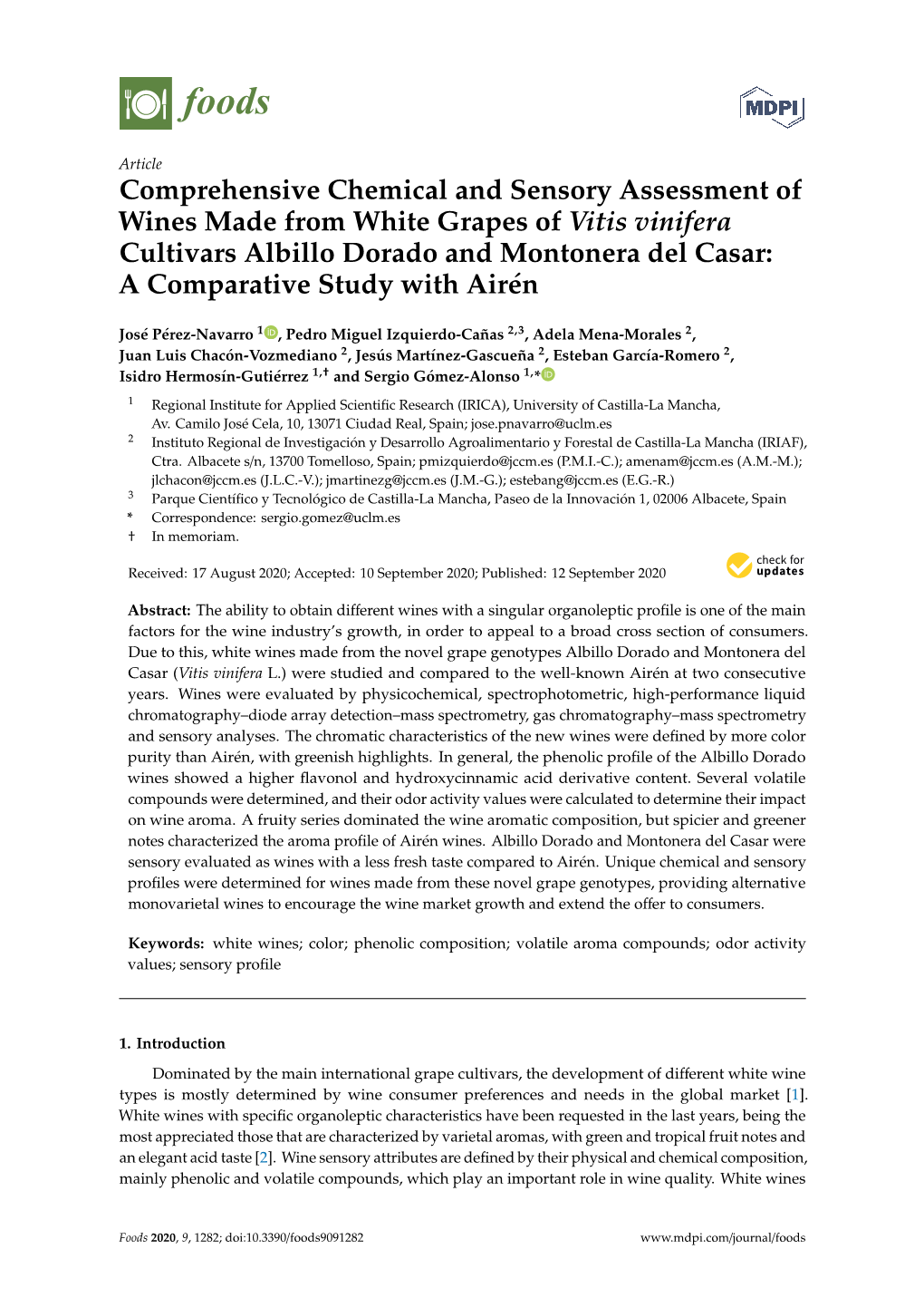Comprehensive Chemical and Sensory Assessment of Wines Made from White Grapes of Vitis Vinifera Cultivars Albillo Dorado And