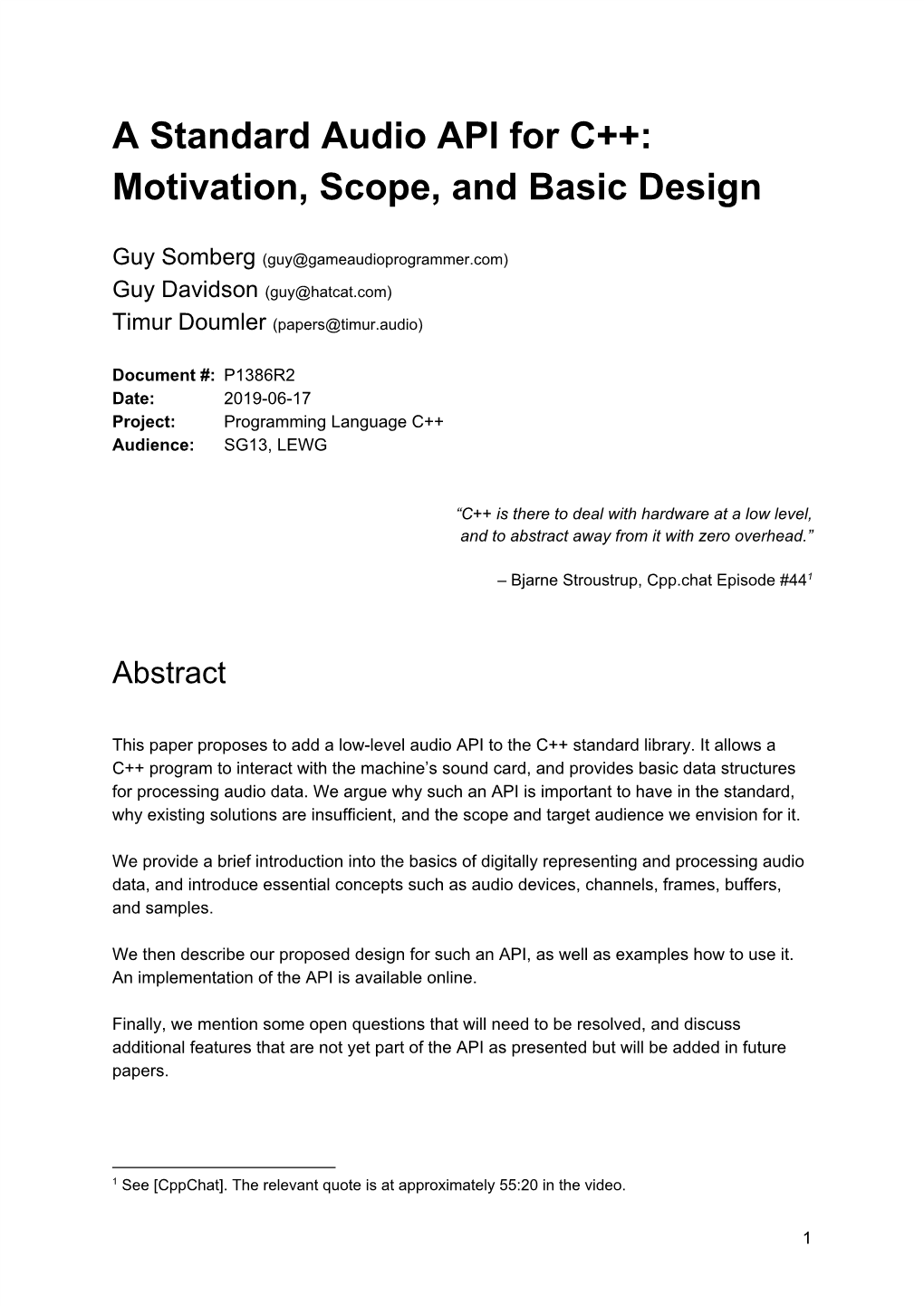 A Standard Audio API for C++: Motivation, Scope, and Basic Design