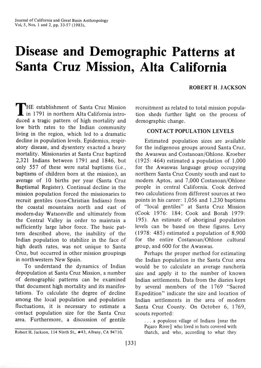 Disease and Demographic Patterns at Santa Cruz Mission, Alta California