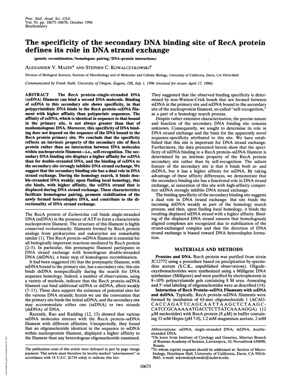 The Specificity of the Secondary DNA Binding Site of Reca Protein