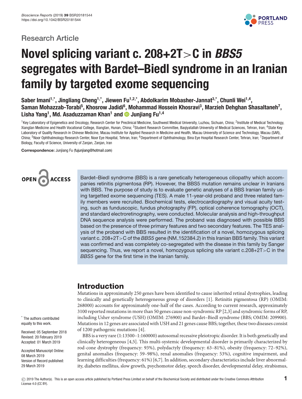 Novel Splicing Variant C. 208+2T&gt;C in BBS5 Segregates with Bardet–Biedl