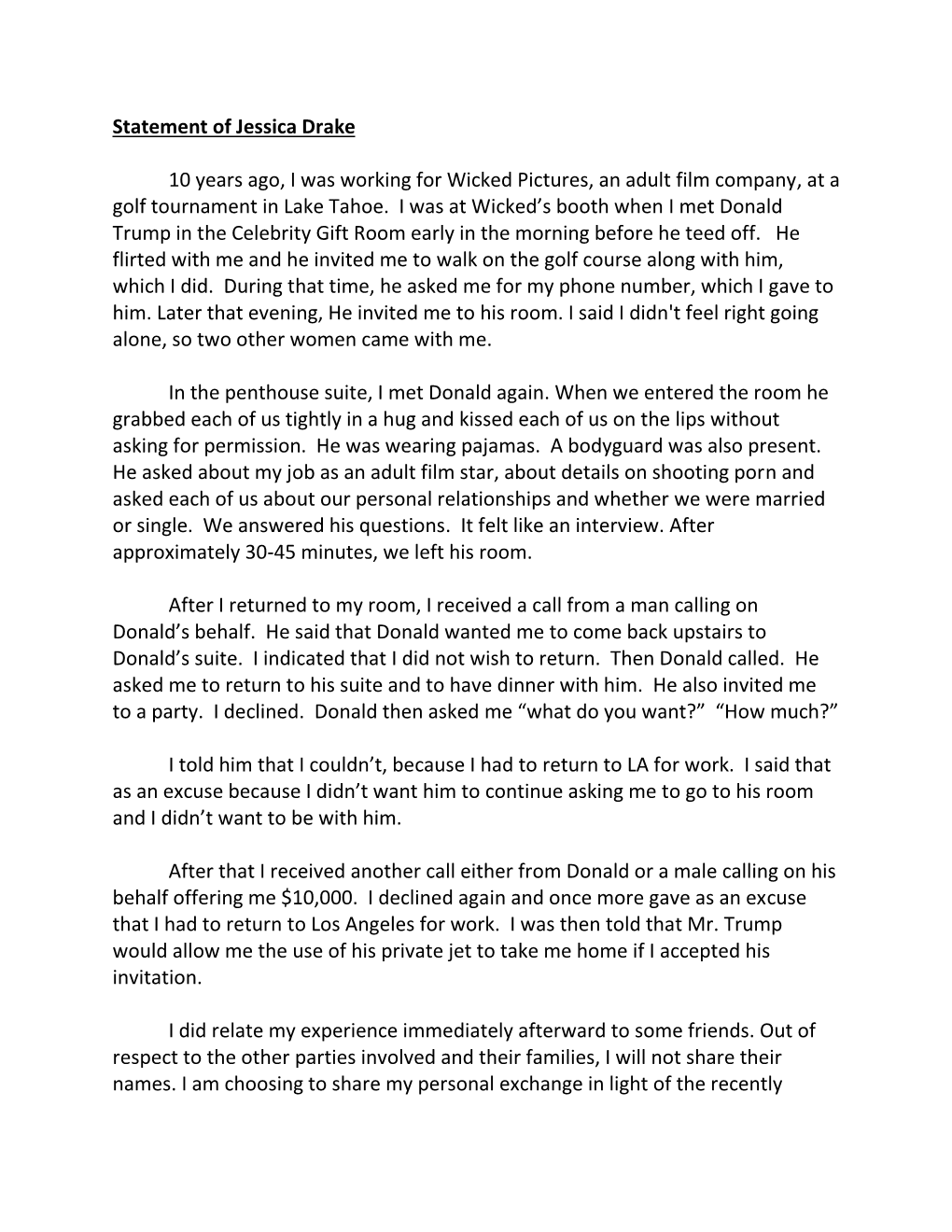 Statement of Jessica Drake