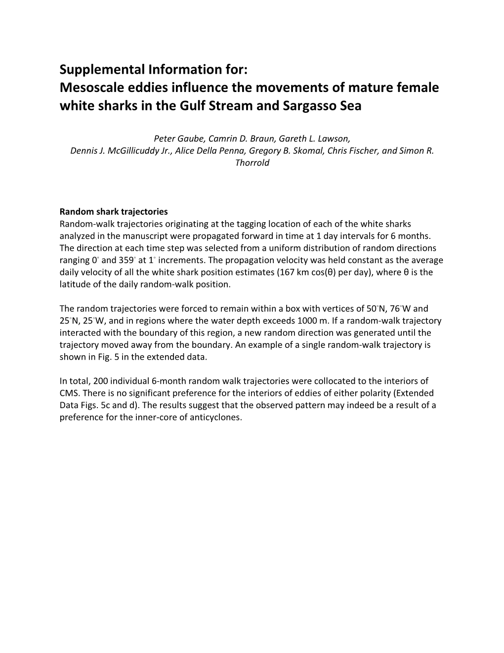 Mesoscale Eddies Influence the Movements of Mature Female White Sharks in the Gulf Stream and Sargasso Sea