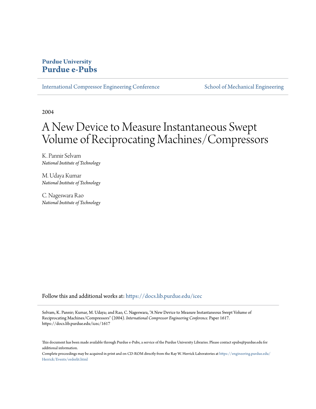 A New Device to Measure Instantaneous Swept Volume of Reciprocating Machines/Compressors K