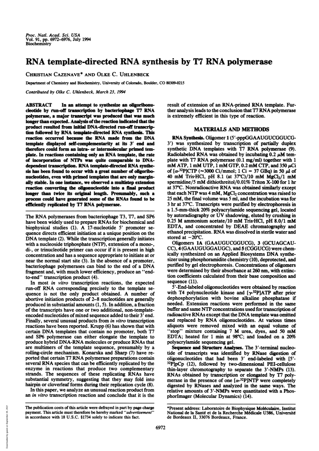 RNA Template-Directed RNA Synthesis by T7 RNA Polymerase CHRISTIAN CAZENAVE* and OLKE C