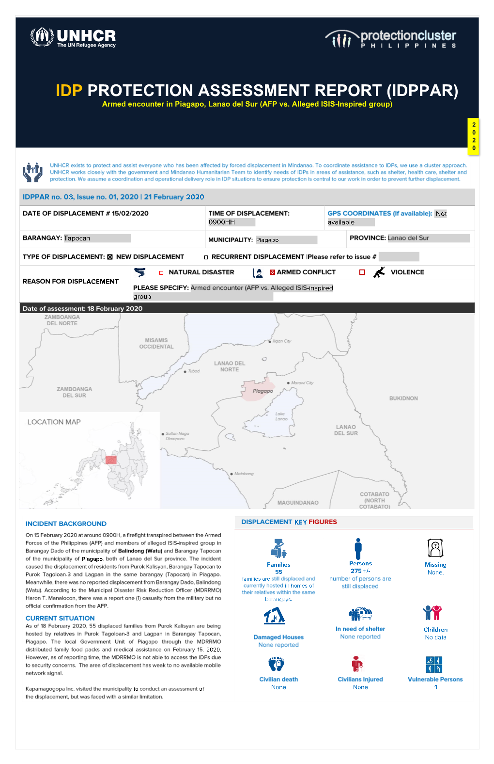 IDP PROTECTION ASSESSMENT REPORT (IDPPAR) Armed Encounter in Piagapo, Lanao Del Sur (AFP Vs