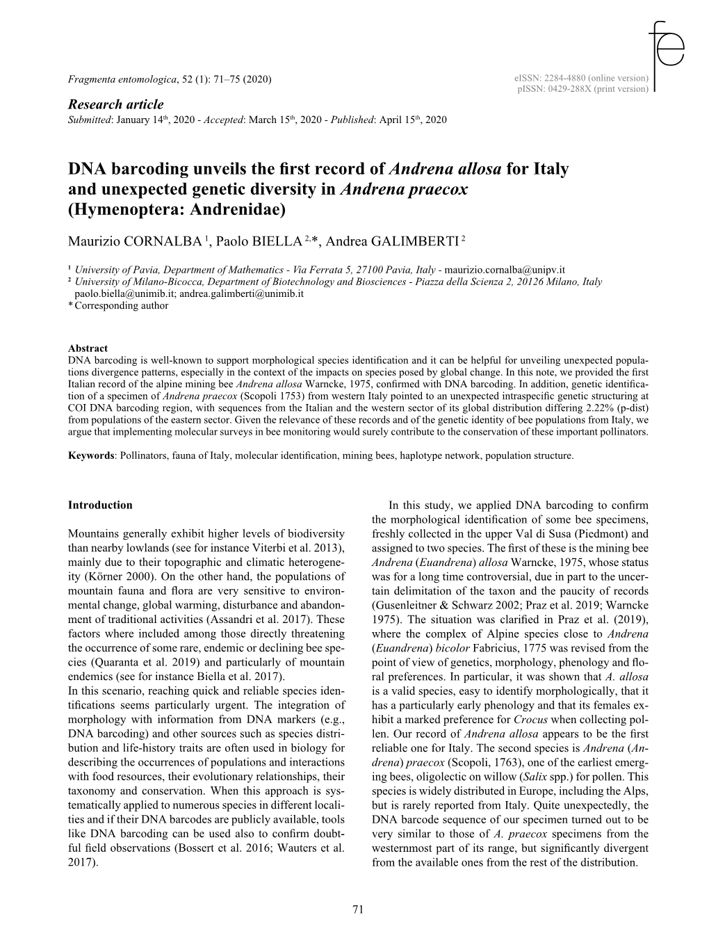 DNA Barcoding Unveils the First Record of Andrena Allosa for Italy and Unexpected Genetic Diversity in Andrena Praecox (Hymenoptera: Andrenidae)