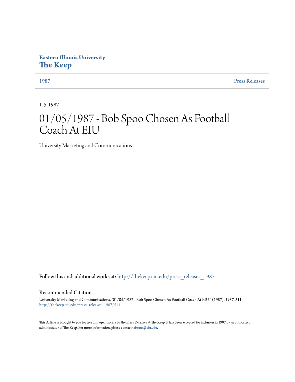 01/05/1987 - Bob Spoo Chosen As Football Coach at EIU University Marketing and Communications