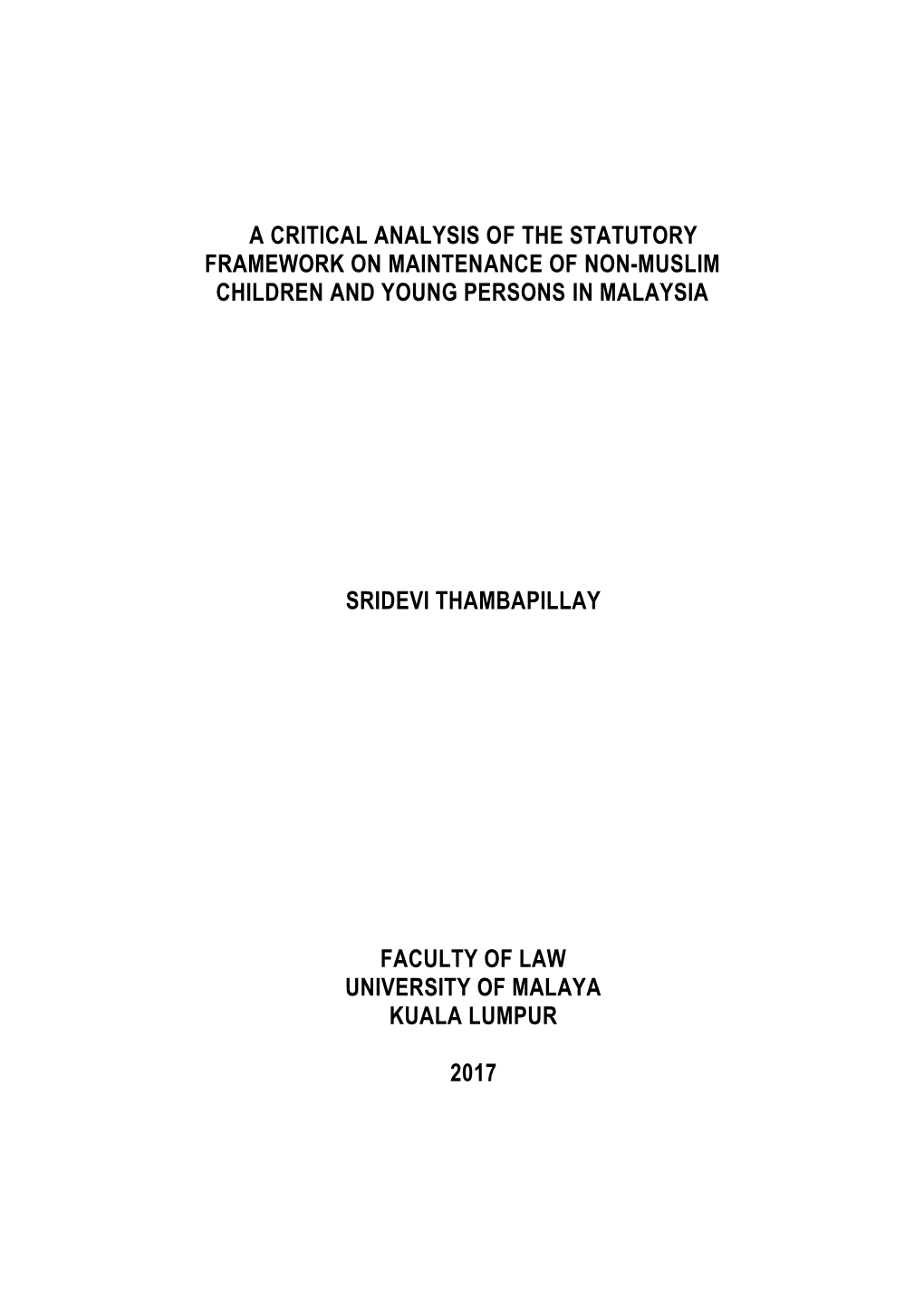 A Critical Analysis of the Statutory Framework on Maintenance of Non-Muslim Children and Young Persons in Malaysia