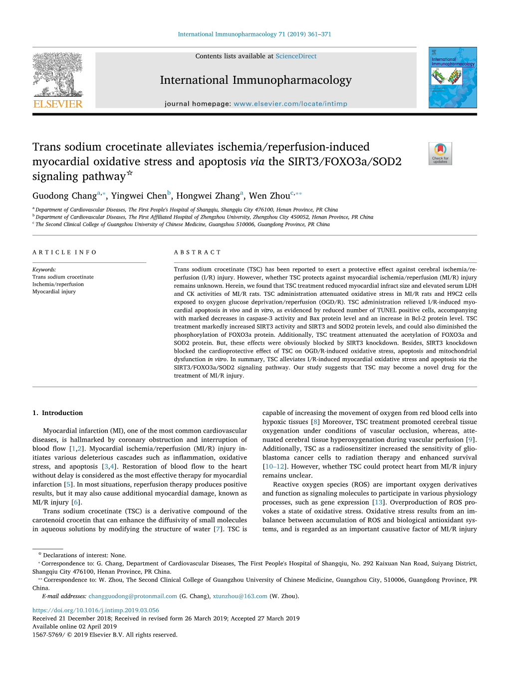 Trans Sodium Crocetinate Alleviates Ischemia/Reperfusion-Induced