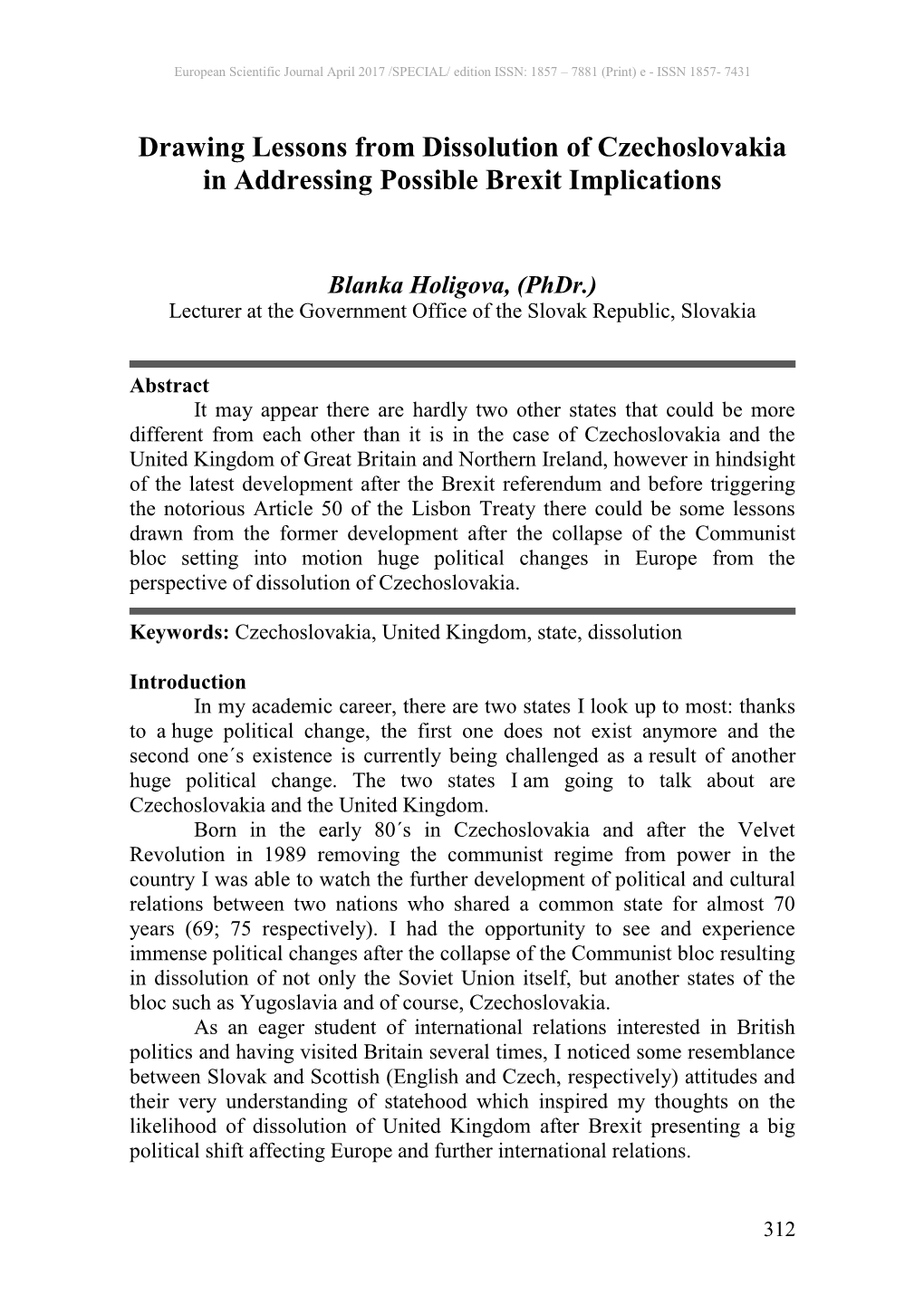 Drawing Lessons from Dissolution of Czechoslovakia in Addressing Possible Brexit Implications