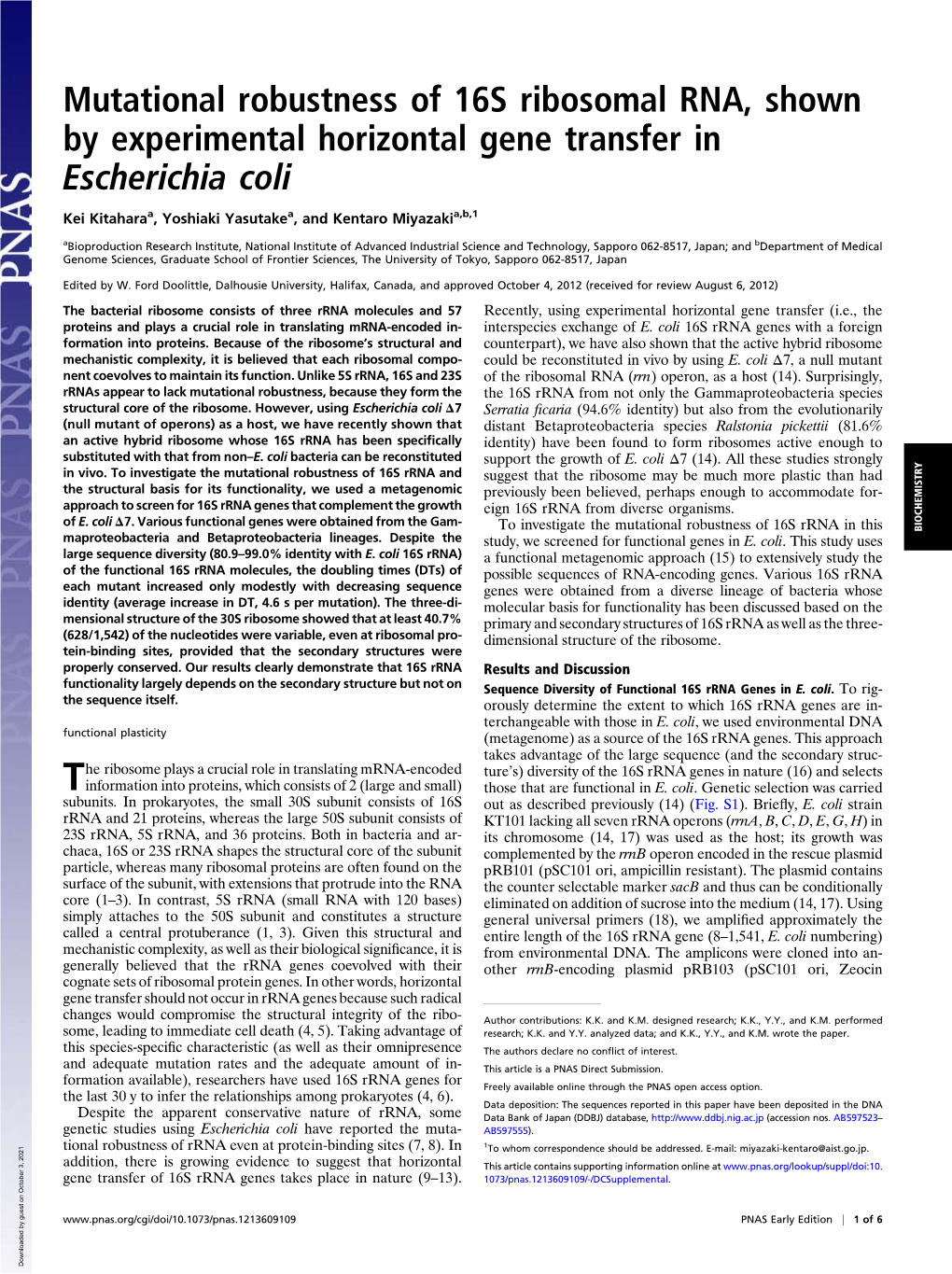 Mutational Robustness of 16S Ribosomal RNA, Shown by Experimental Horizontal Gene Transfer in Escherichia Coli