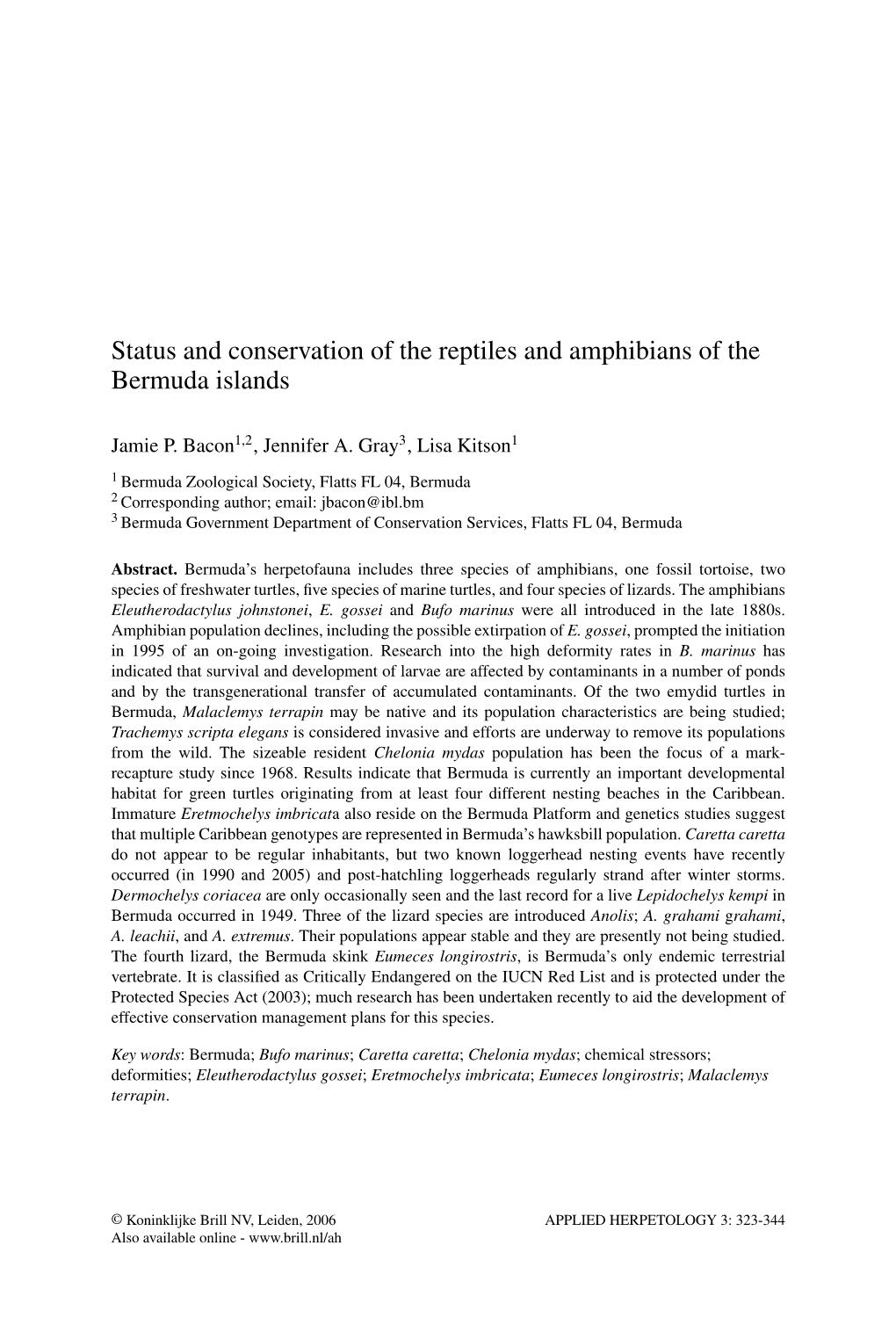 Status and Conservation of the Reptiles and Amphibians of the Bermuda Islands