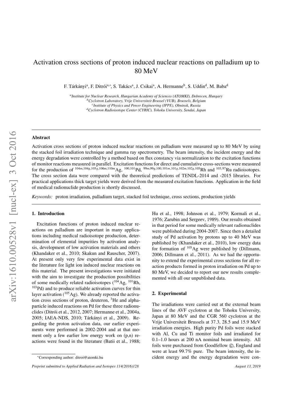 Activation Cross Sections of Proton Induced Nuclear Reactions on Palladium up to 80 Mev