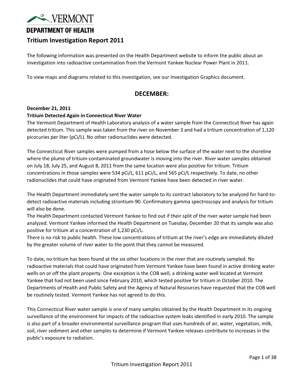 Tritium Investigation Report 2011 DECEMBER