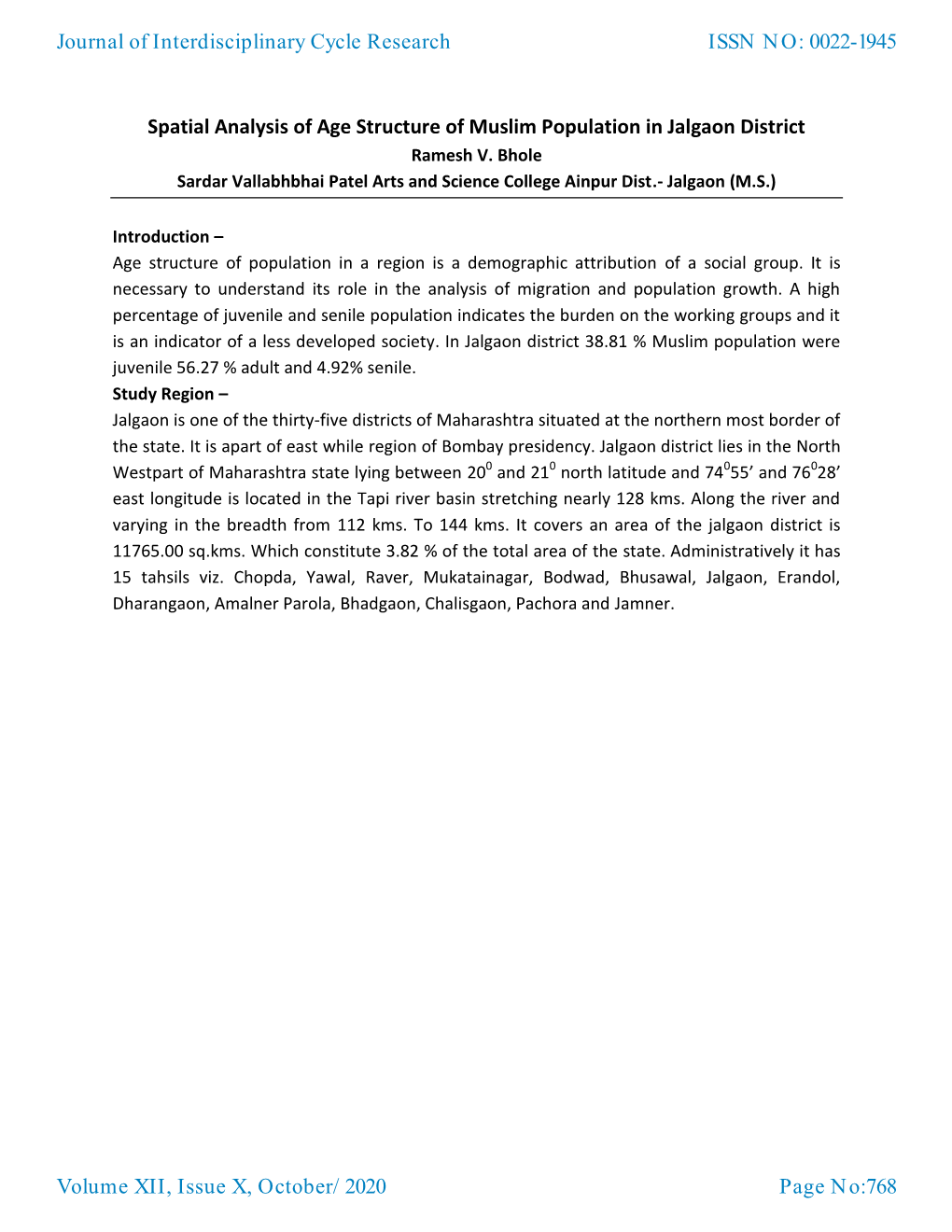 Spatial Analysis of Age Structure of Muslim Population in Jalgaon District Ramesh V