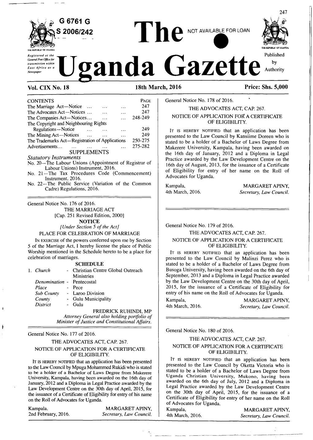 Uganda Gazette Vol