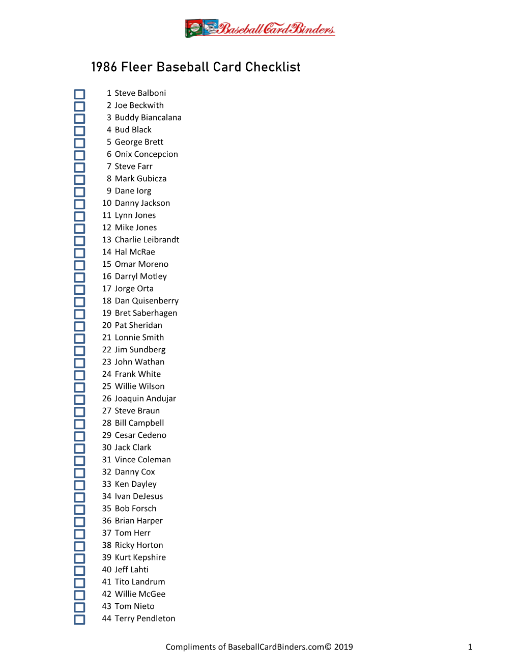 1986 Fleer Baseball Card Checklist