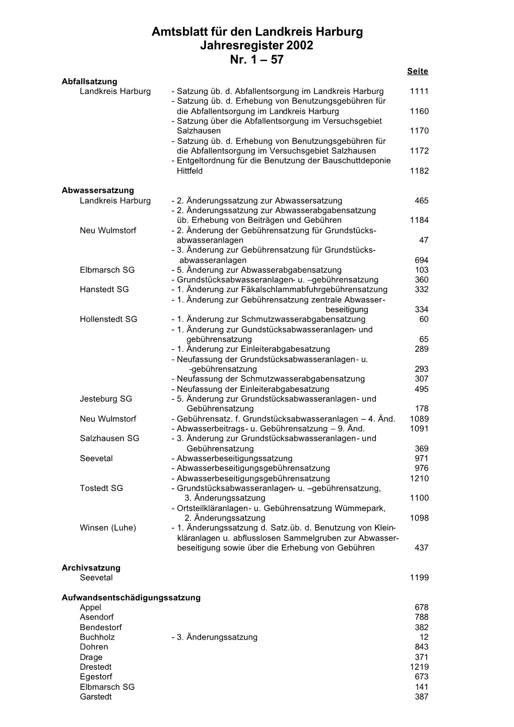 Amtsblatt Für Den Landkreis Harburg Jahresregister 2002 Nr. 1 – 57 Seite Abfallsatzung Landkreis Harburg - Satzung Üb