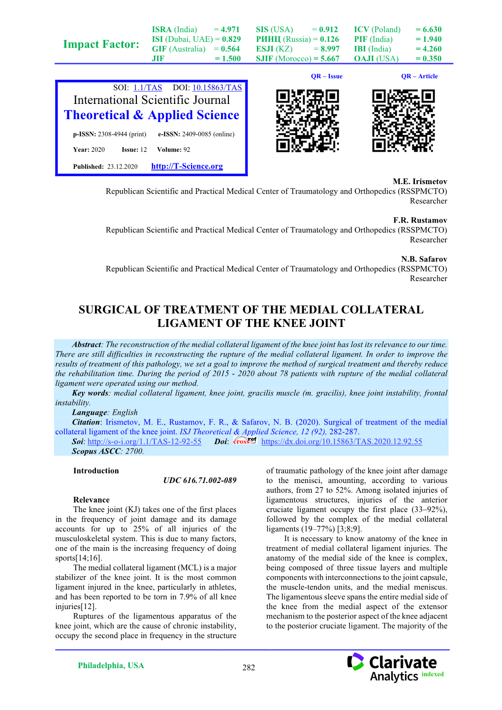 Surgical of Treatment of the Medial Collateral Ligament of the Knee Joint. ISJ Theoretical & Applied Science, 12 (92), 282-287