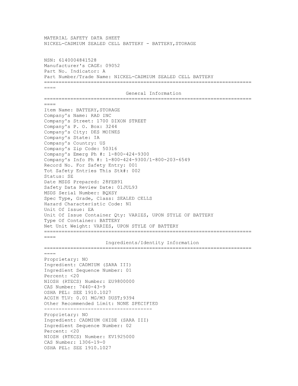 Material Safety Data Sheet s48