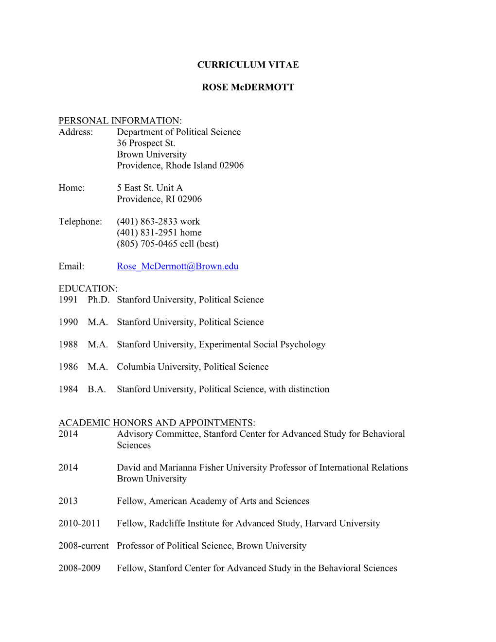 CURRICULUM VITAE ROSE Mcdermott PERSONAL