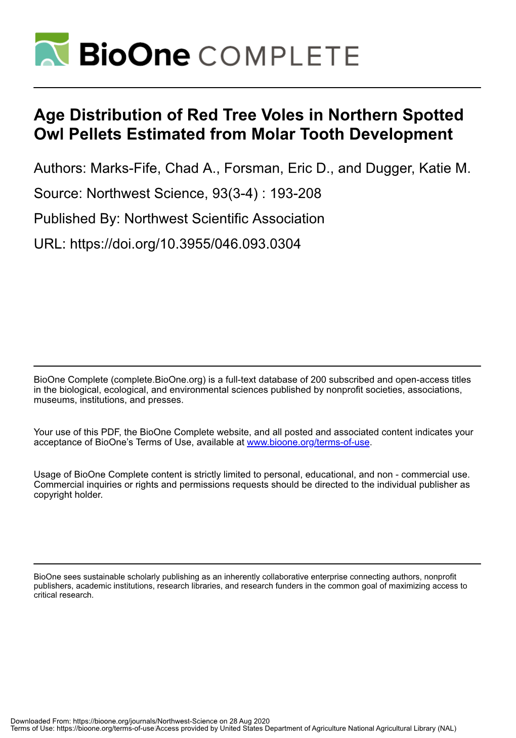 Age Distribution of Red Tree Voles in Northern Spotted Owl Pellets Estimated from Molar Tooth Development