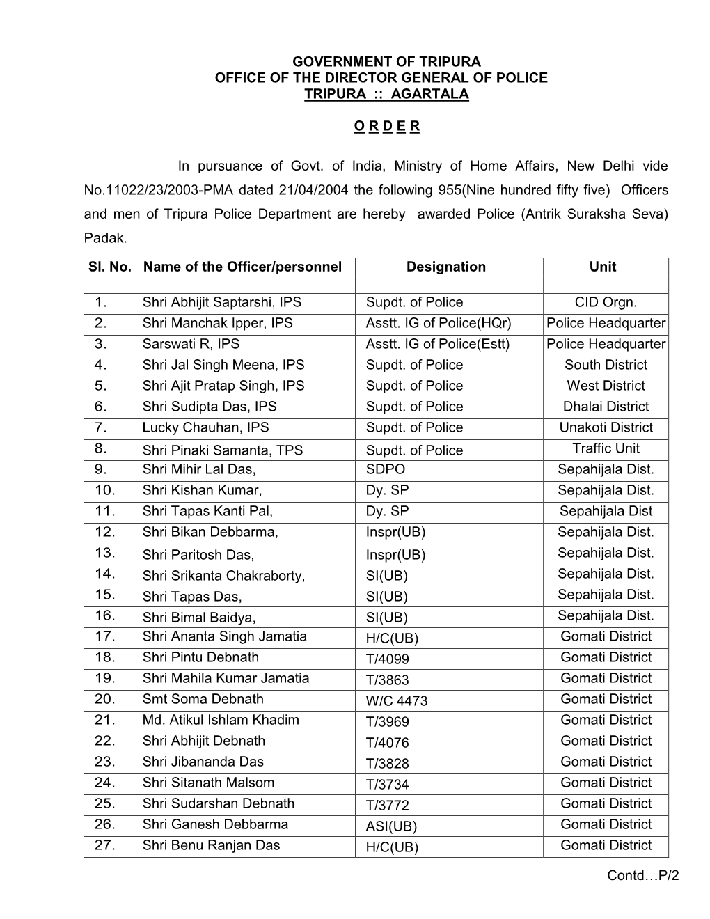 AGARTALA ORDER in Pursuance of Govt. of India, M