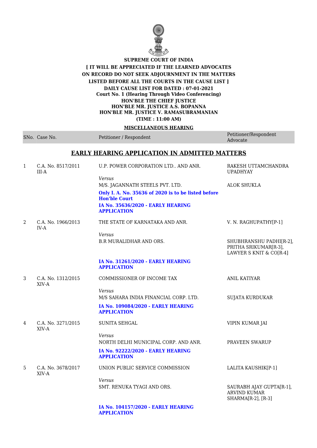 Early Hearing Application in Admitted Matters