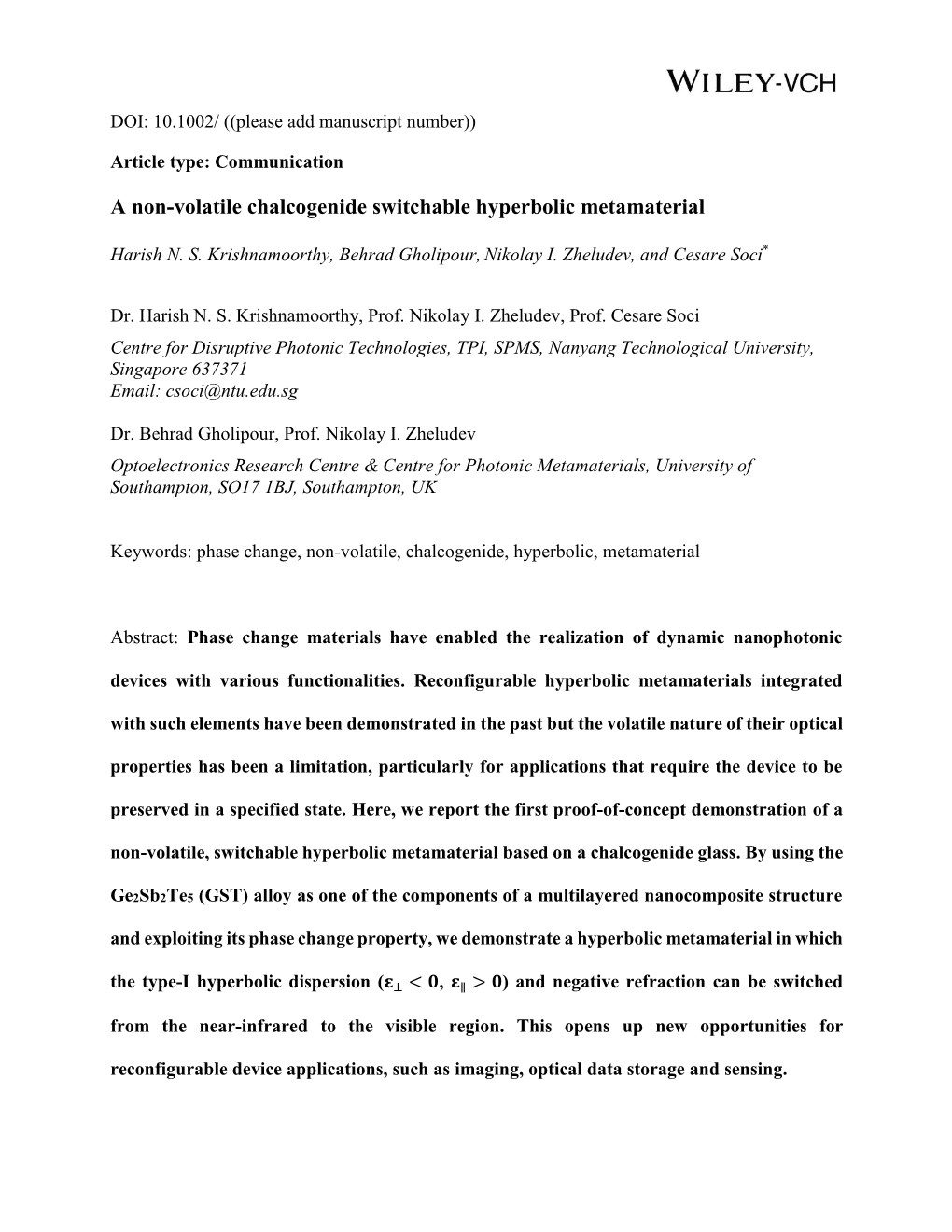 A Non-Volatile Chalcogenide Switchable Hyperbolic Metamaterial