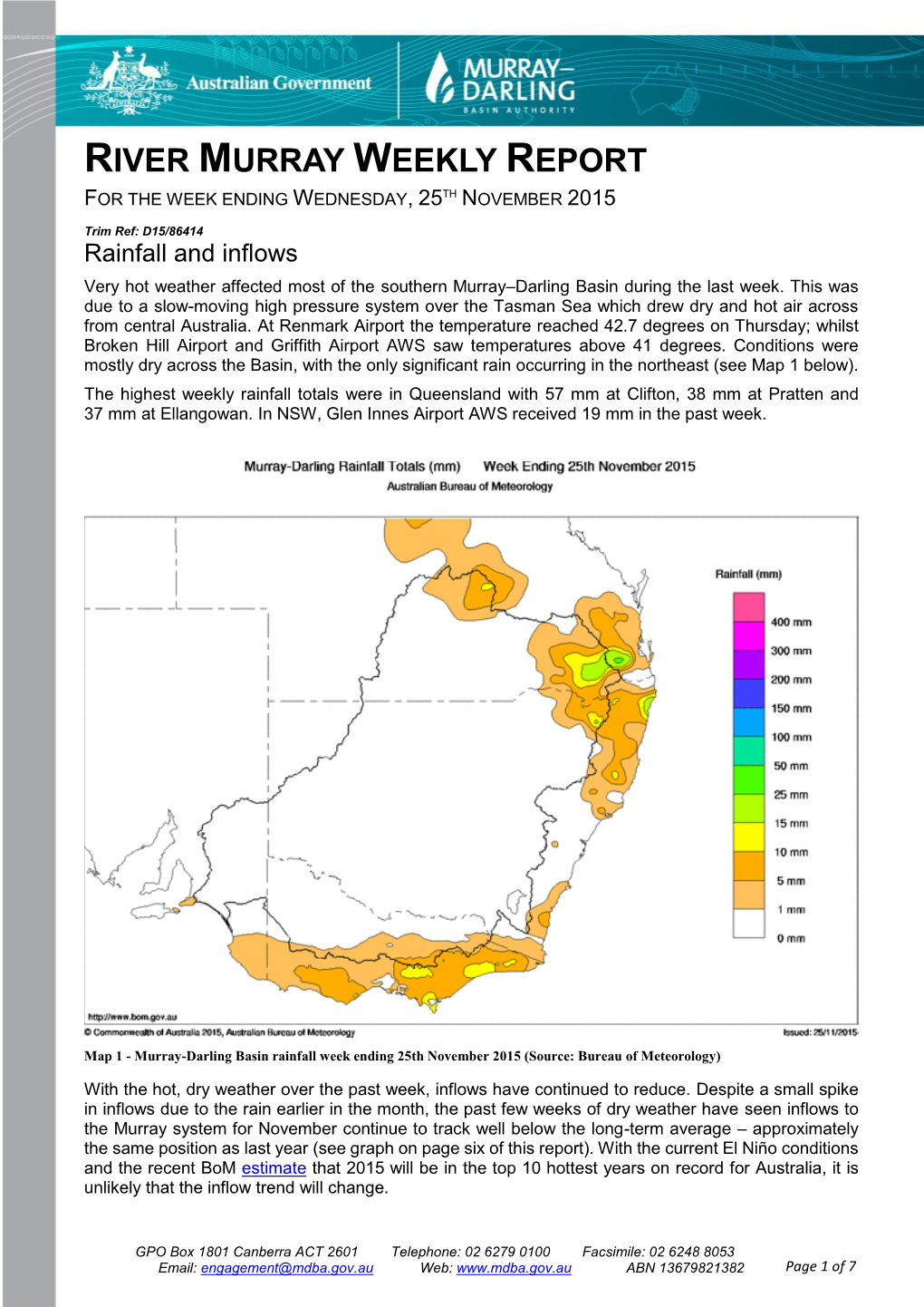 River Murray Operations Weekly Report 25Th November 2015