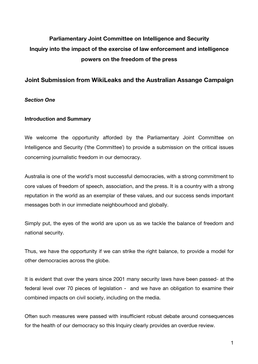 Joint Submission from Wikileaks and the Australian Assange Campaign