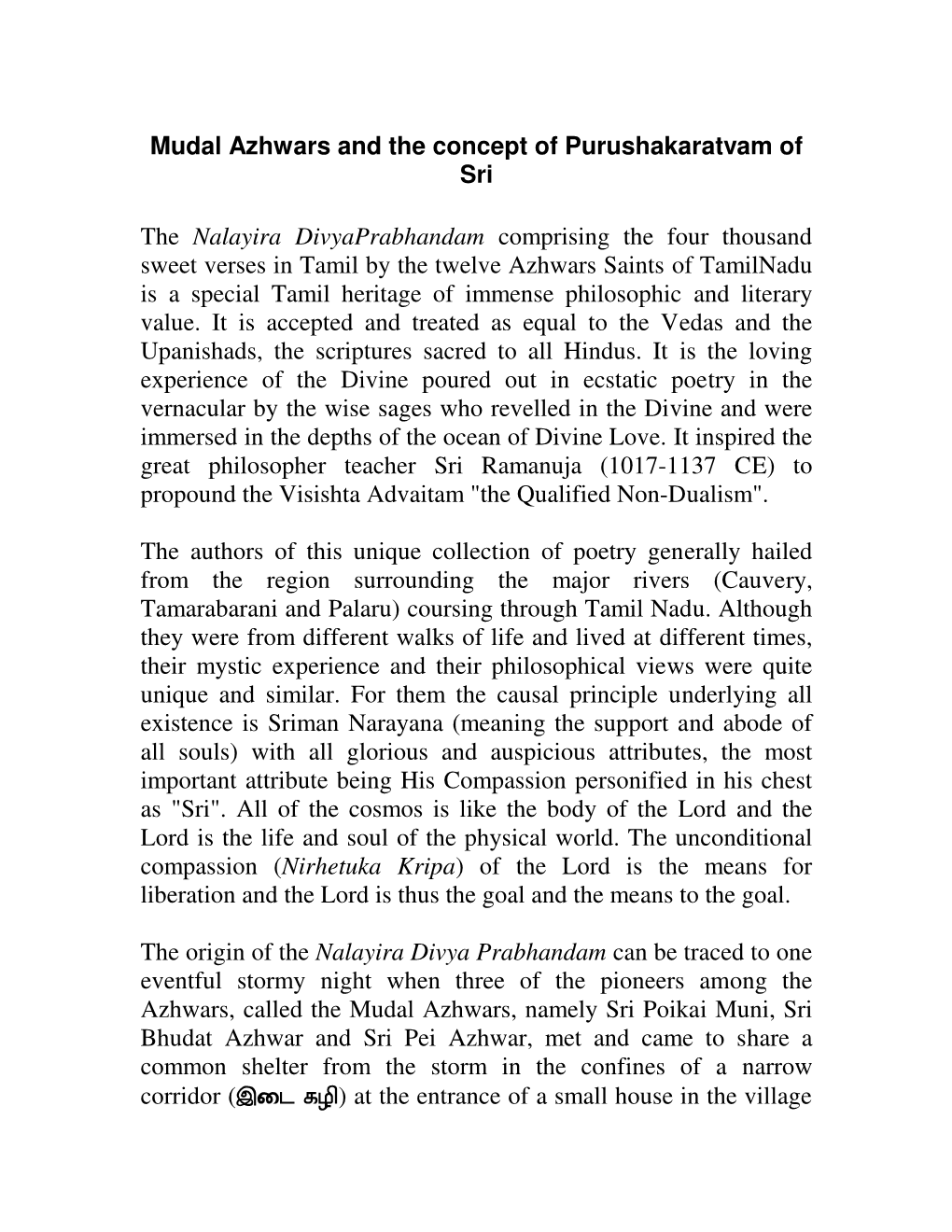 Mudal Azhwars and the Concept of Purushakaratvam of Sri The
