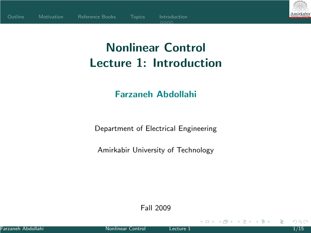 Nonlinear Control Lecture 1: Introduction