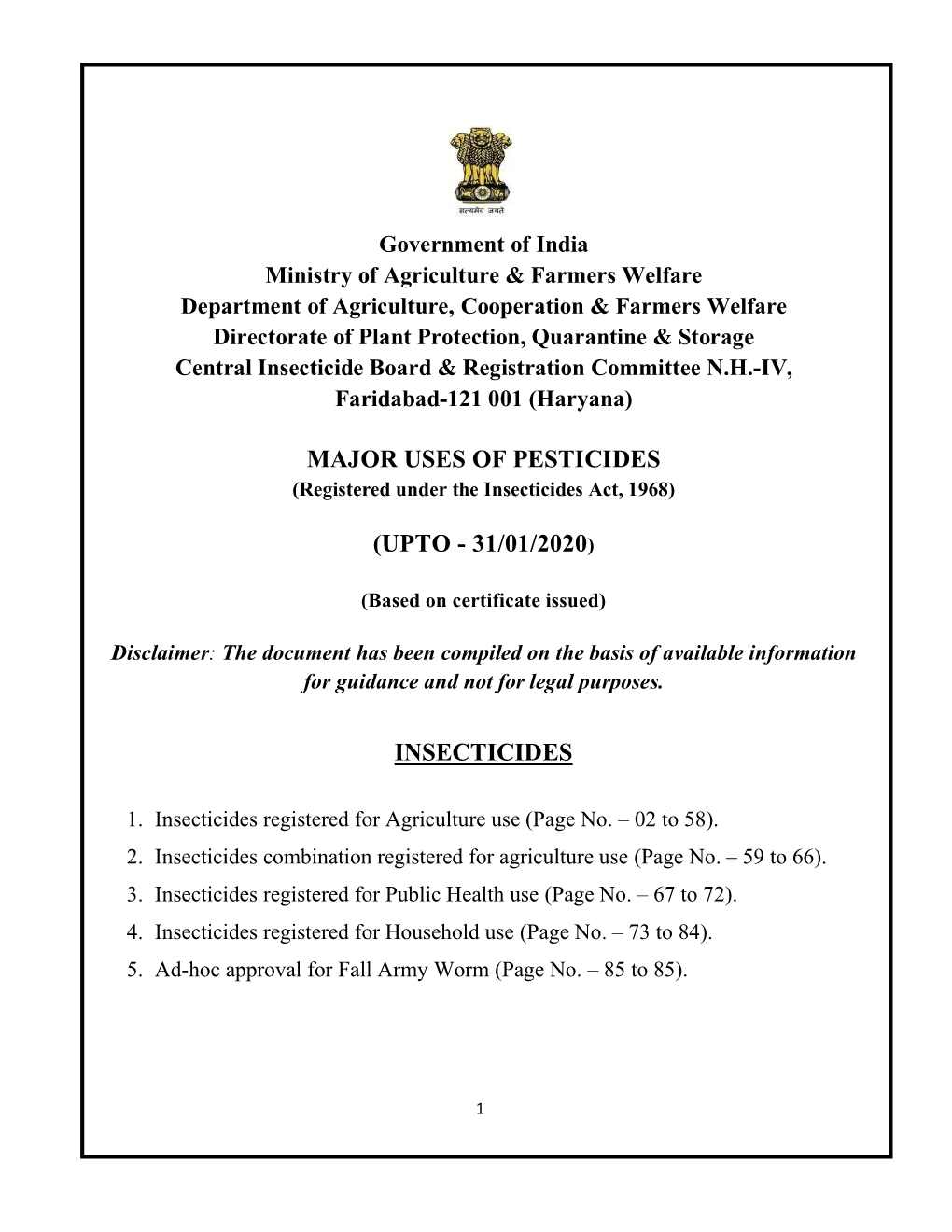 Major Uses of Pesticides (Upto