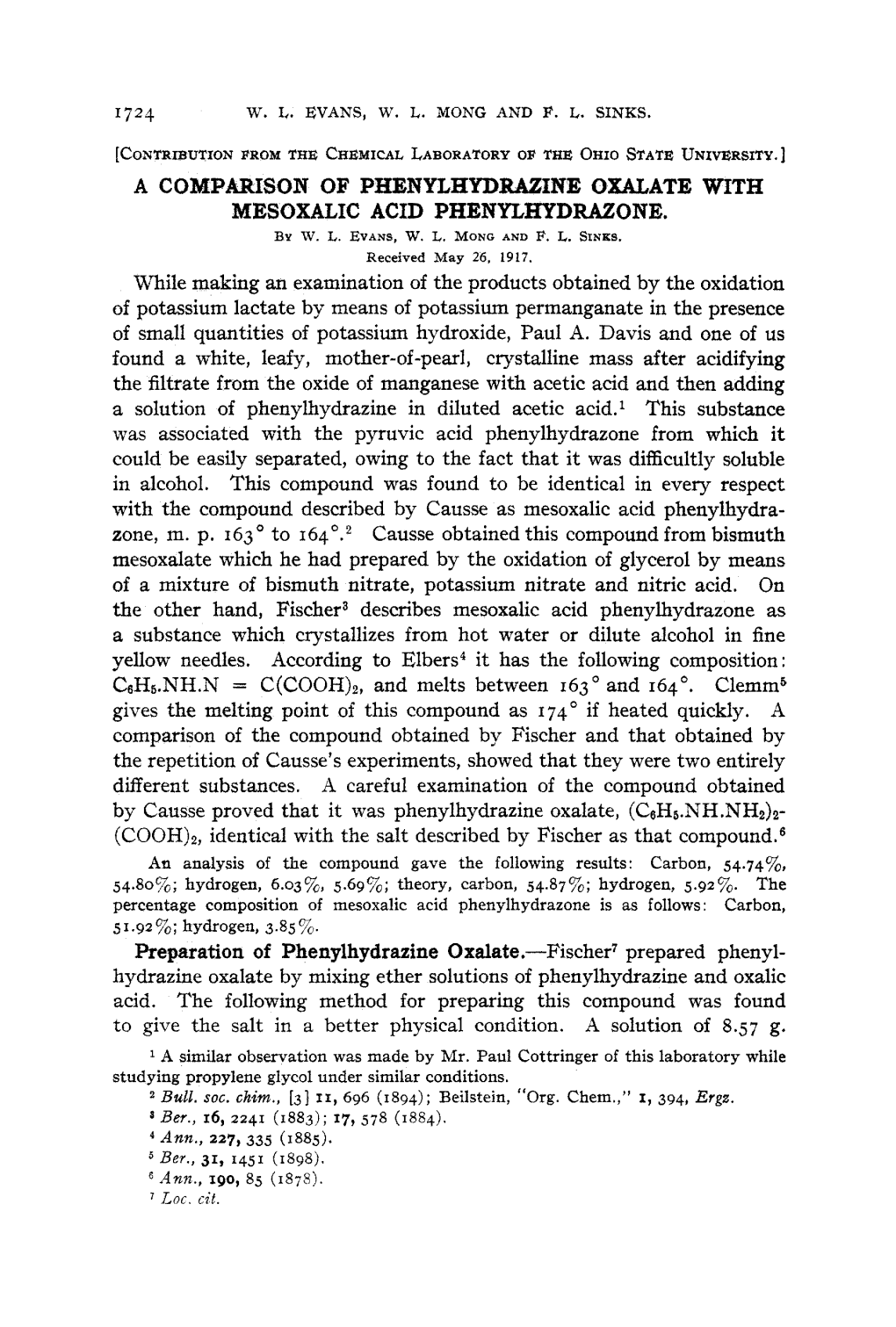 A Comparison Op Phenylhydrazine Oxalate with Mesoxalic Acid Phenyleydrazone