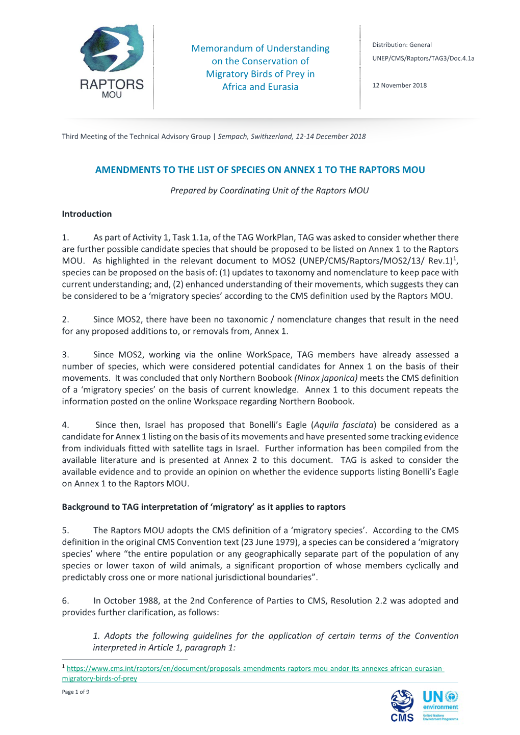 Amendments to the List of Species on Annex 1 to the Raptors Mou