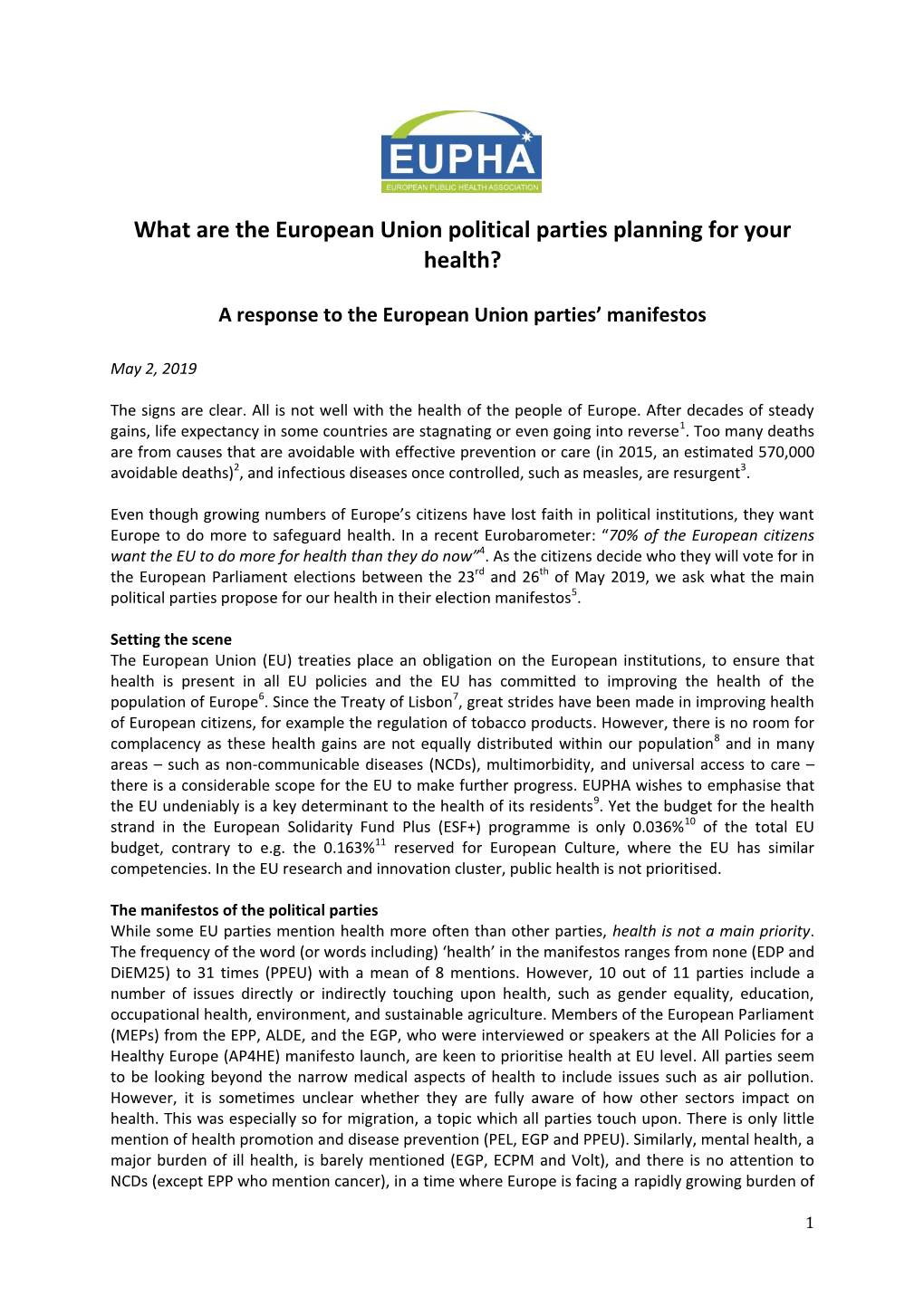 What Are the European Union Political Parties Planning for Your Health?