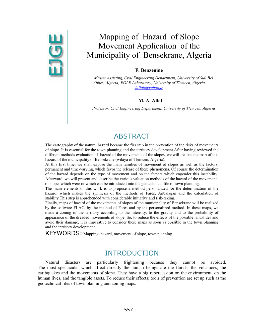 Mapping of Hazard of Slope Movement Application of the Municipality of Bensekrane, Algeria