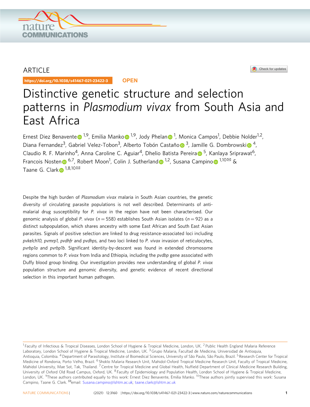 Plasmodium Vivax from South Asia and East Africa