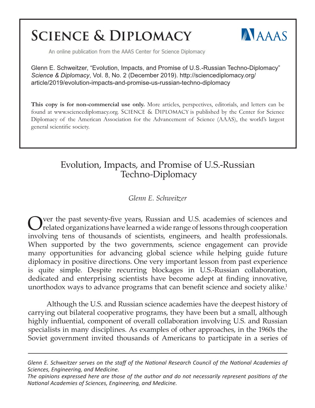 Evolution, Impacts, and Promise of U.S.-Russian Techno-Diplomacy” Science & Diplomacy, Vol