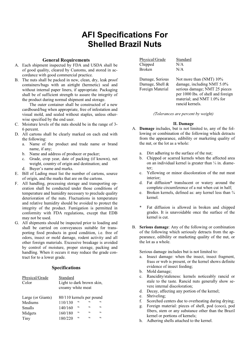 AFI Specifications for Shelled Brazil Nuts