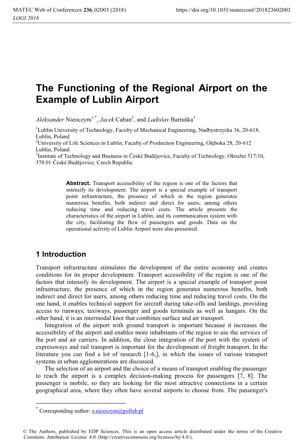 The Functioning of the Regional Airport on the Example of Lublin Airport