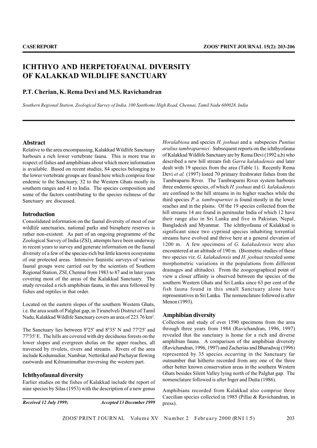 Ichthyo and Herpetofaunal Diversity of Kalakkad Wildlife Sanctuary