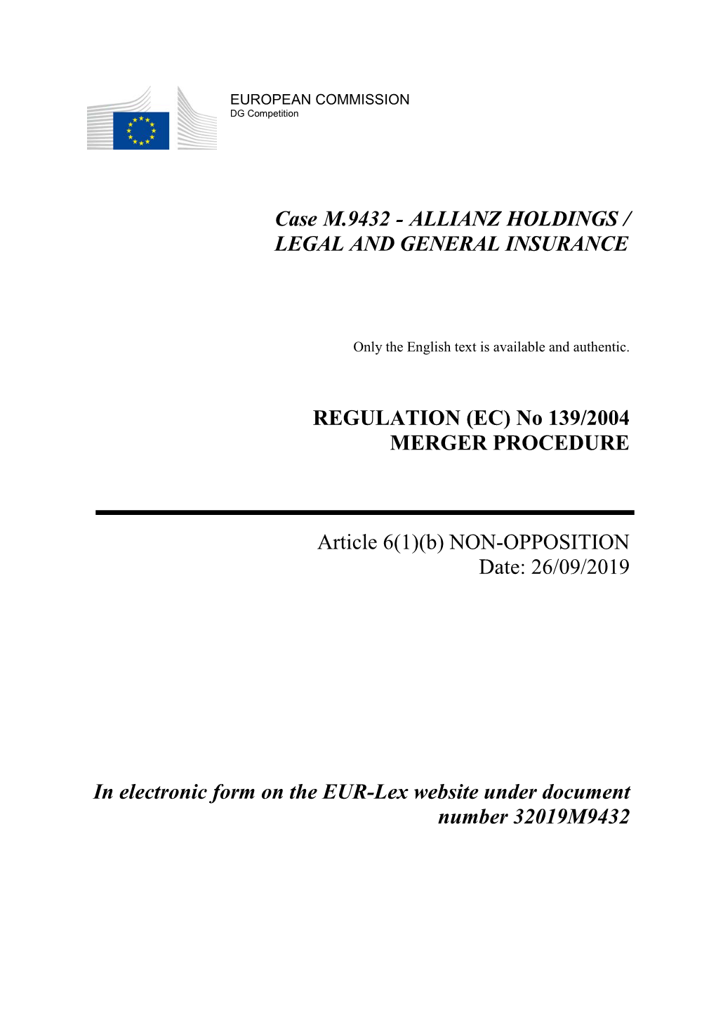 Case M.9432 - ALLIANZ HOLDINGS / LEGAL and GENERAL INSURANCE