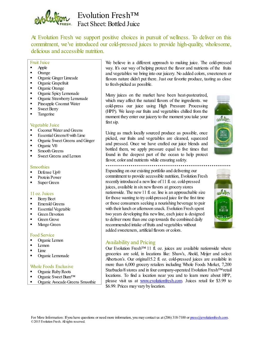Evolution Fresh™ Fact Sheet: Bottled Juice