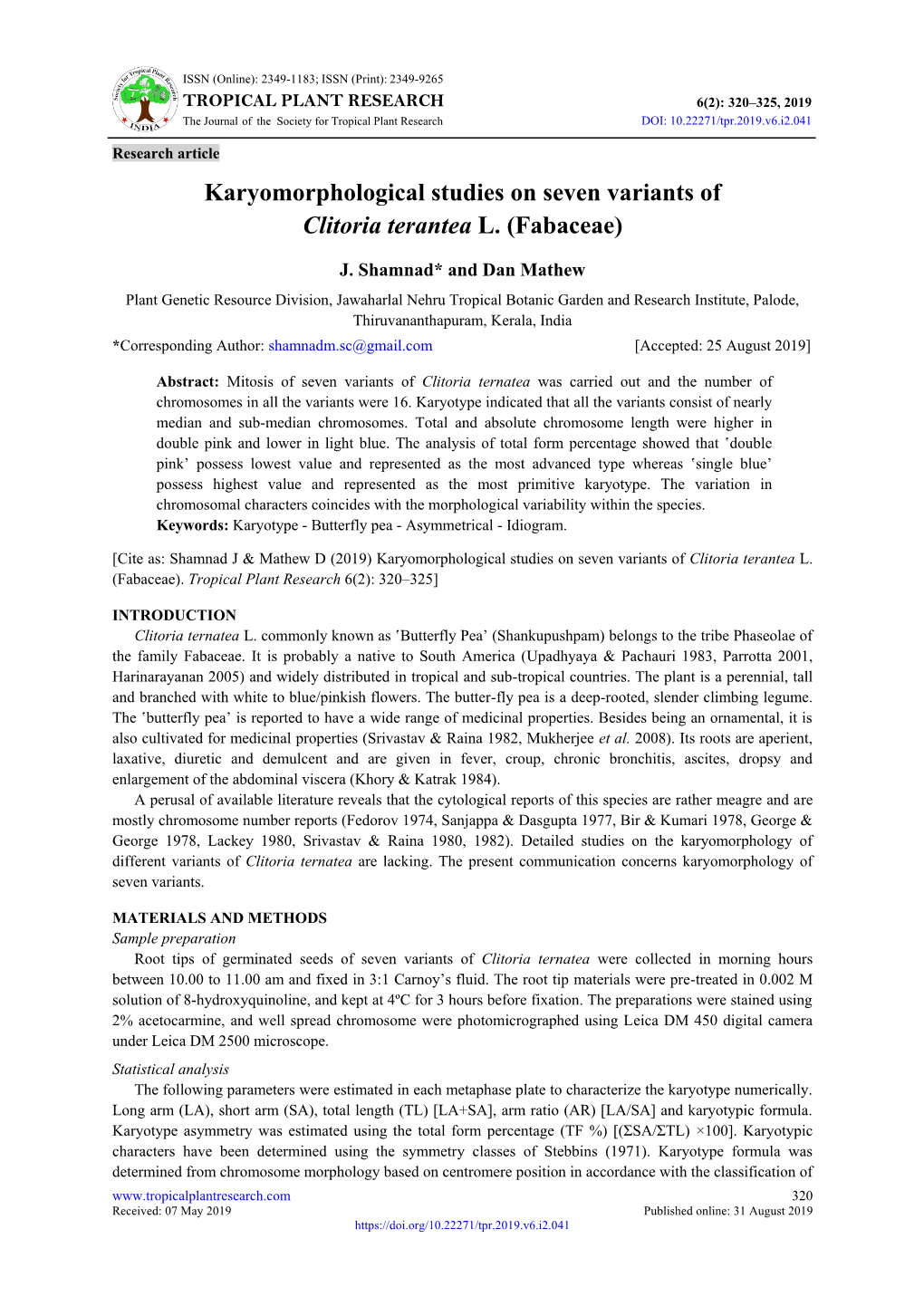 Karyomorphological Studies on Seven Variants of Clitoria Terantea L. (Fabaceae)