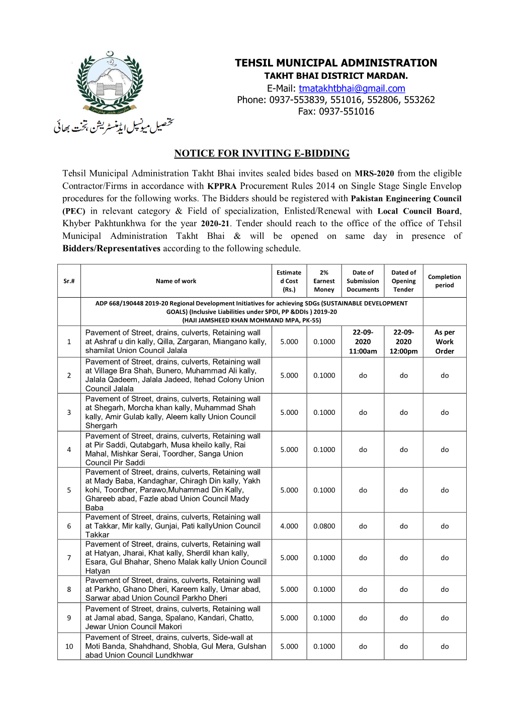 Tehsil Municipal Administration Notice For